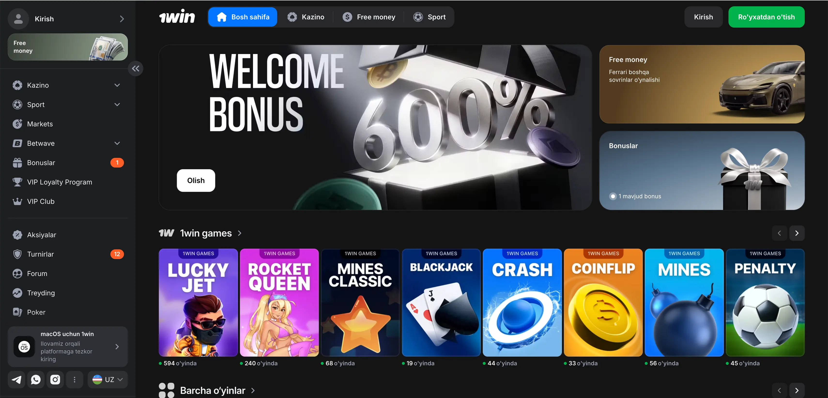 1win casino bosh sahifasi va interfeysi